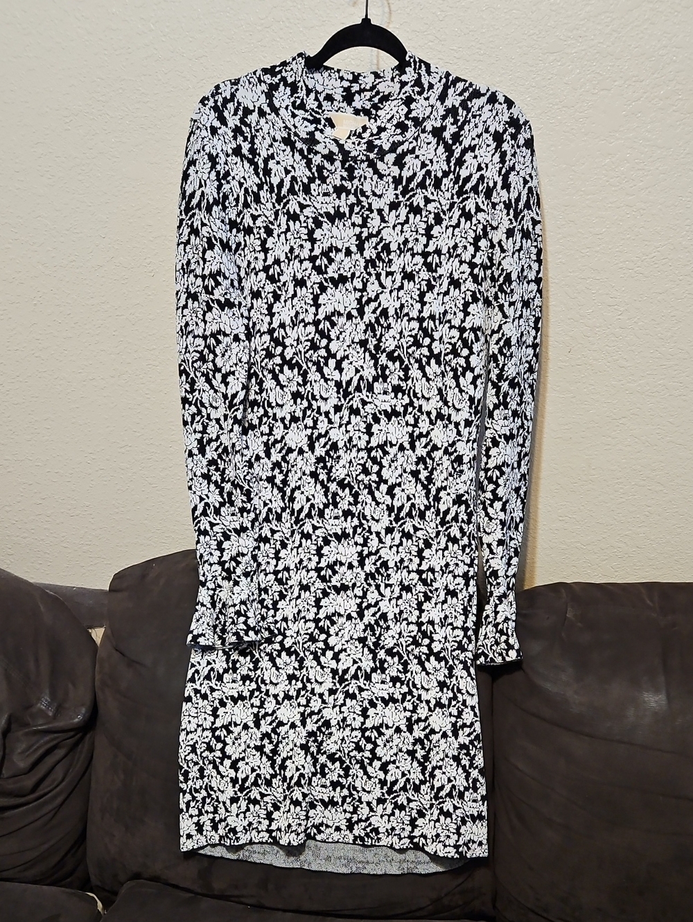 Michael Kors Black and White Floral Long Sleeve Sweater Dress W/ Flared Sleeves.